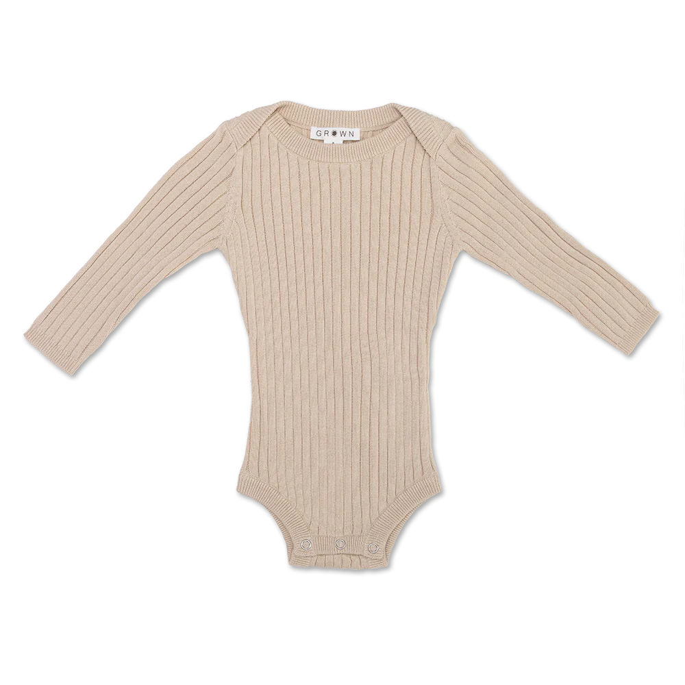 US stockist of Grown's organic cotton ribbed essential bodysuit in Pebble