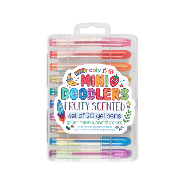 Stockist of Ooly's set of 20 Mini Doodlers Fruity Scented gel pens. Features 10 glitter gel pens, 5 neon gel pens and 5 pastel gel pens.