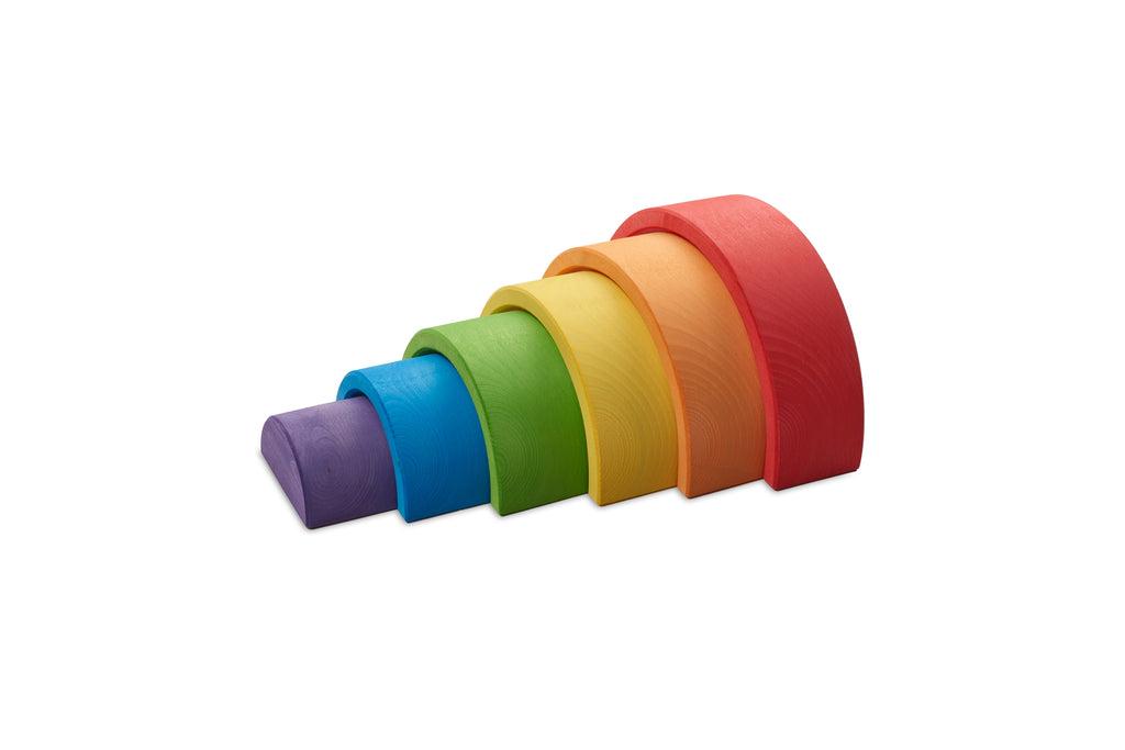 US stockist of Ocamora's 6pc Rainbow in red.  Handmade from sustainable Linden wood in shades of red, orange, yellow, green, blue and purple.
