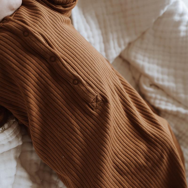 US stockist of Buck & Baa's gender neutral, organic cotton ribbed baby gown in Cinnamon.
