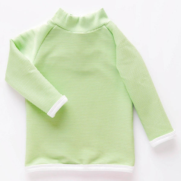 US stockist of Zulu & Zephyr's Mini Band long sleeve rashie top in gender neutral marine.  Made from ECONYL; fully lined and with a zip back entry.  Features contrasting rib binds and is UPF 50+