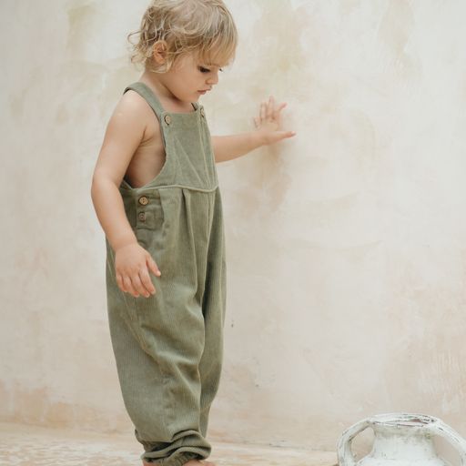 US stockist of Illoura the Label's gender neutral Xanthe Overalls in Olive Cord.