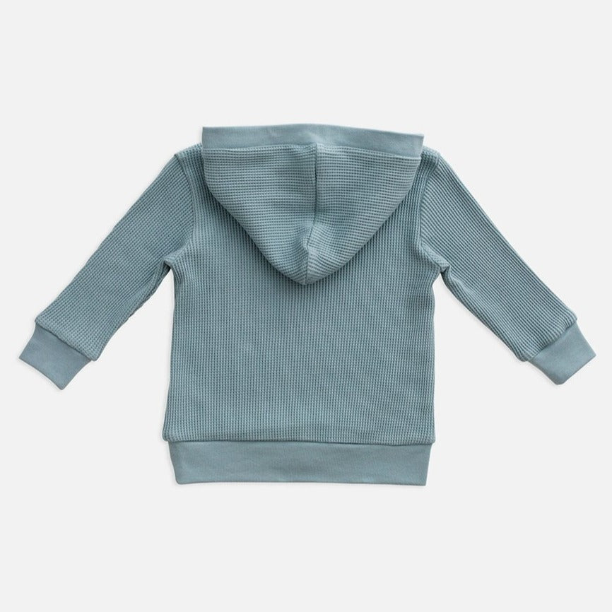 US stockist of Miann & Co's gender neutral slate baby waffle hooded sweatshirt.  Made from 100% waffle cotton.