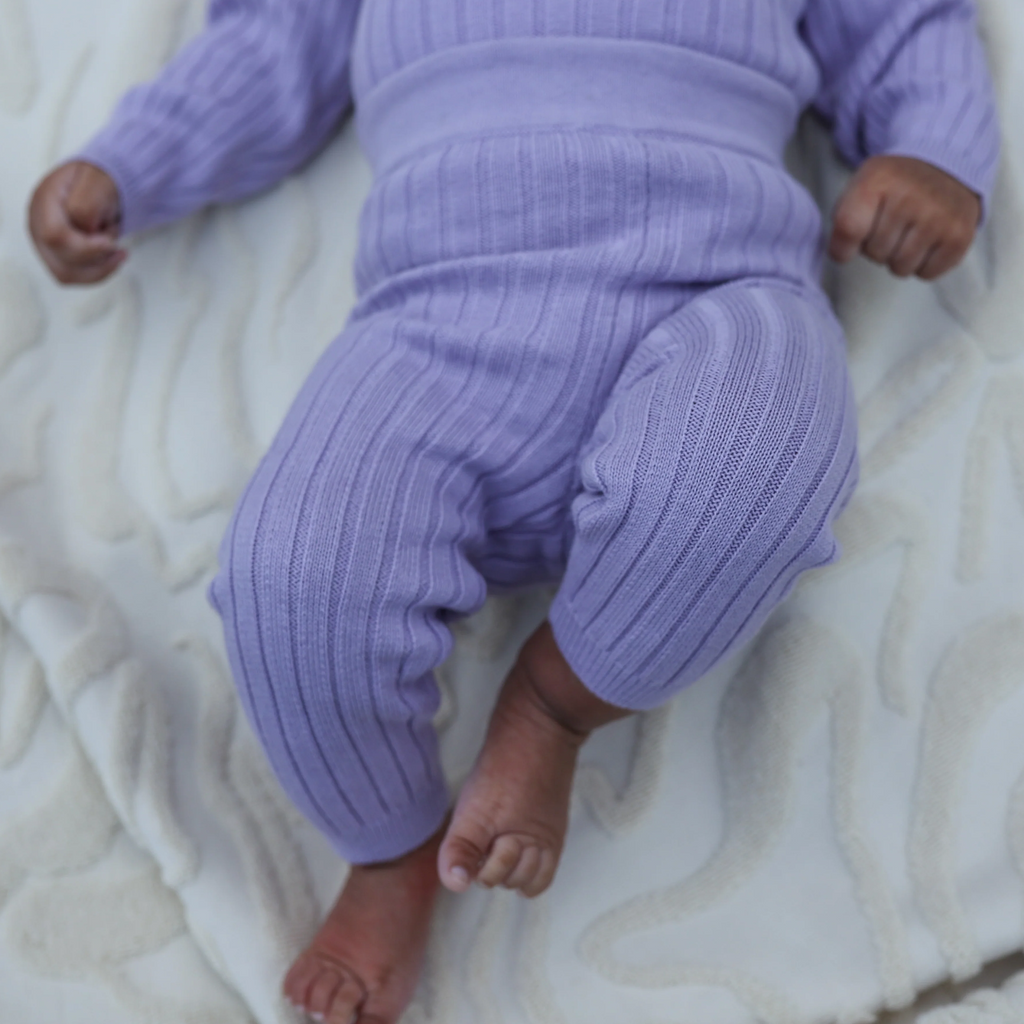 US stockist of Grown's organic ribbed essential leggings in Lilac