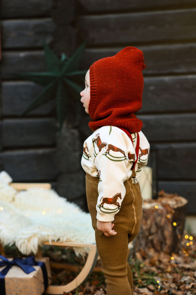 US stockist of Silly Silas' Christmas Edition footless cotton tights in Acorn Brown with Maple Leaf braces