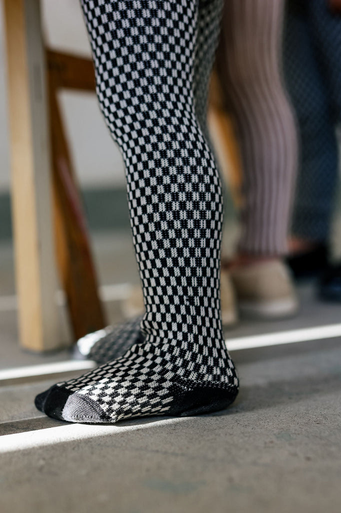 US stockist of Silly Silas' special edititon black x white checked footed cotton tights