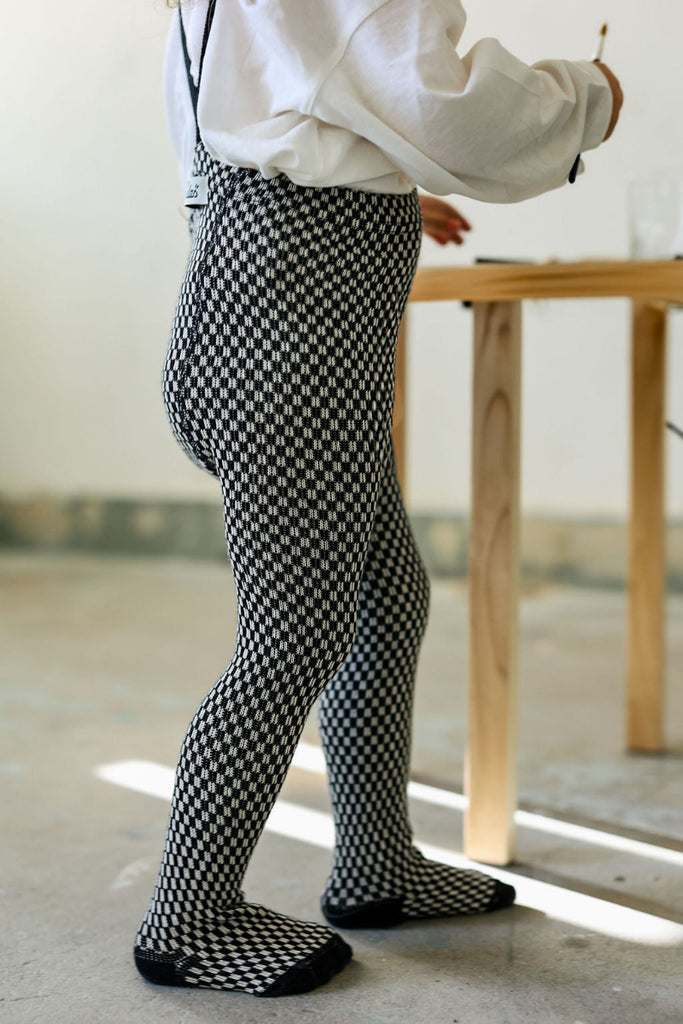 US stockist of Silly Silas' special edititon black x white checked footed cotton tights