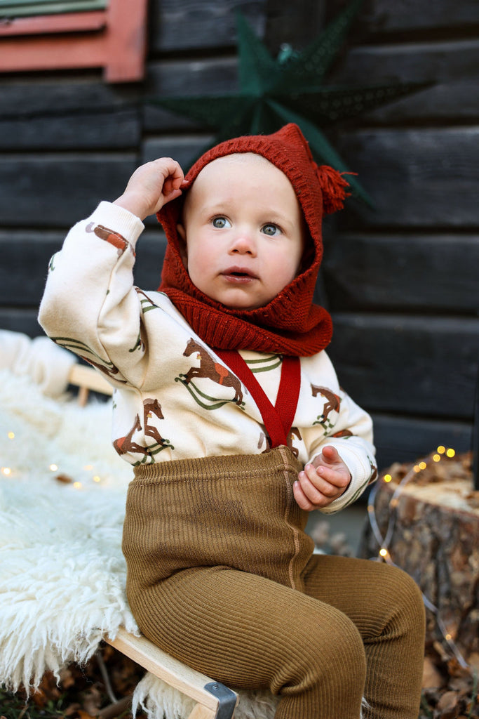 US stockist of Silly Silas' Christmas Edition footless cotton tights in Acorn Brown with Maple Leaf braces