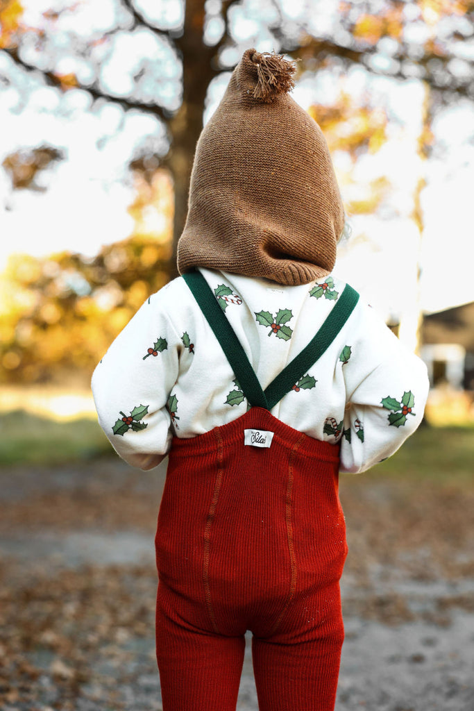 US stockist of Silly Silas' Christmas Edition footless cotton tights in Maple Leaf with Dark Forest Green braces.