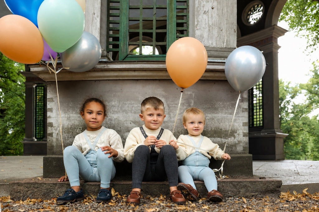 US stockist of Silly Silas' Misty Blue cotton footed tights with patterned braces