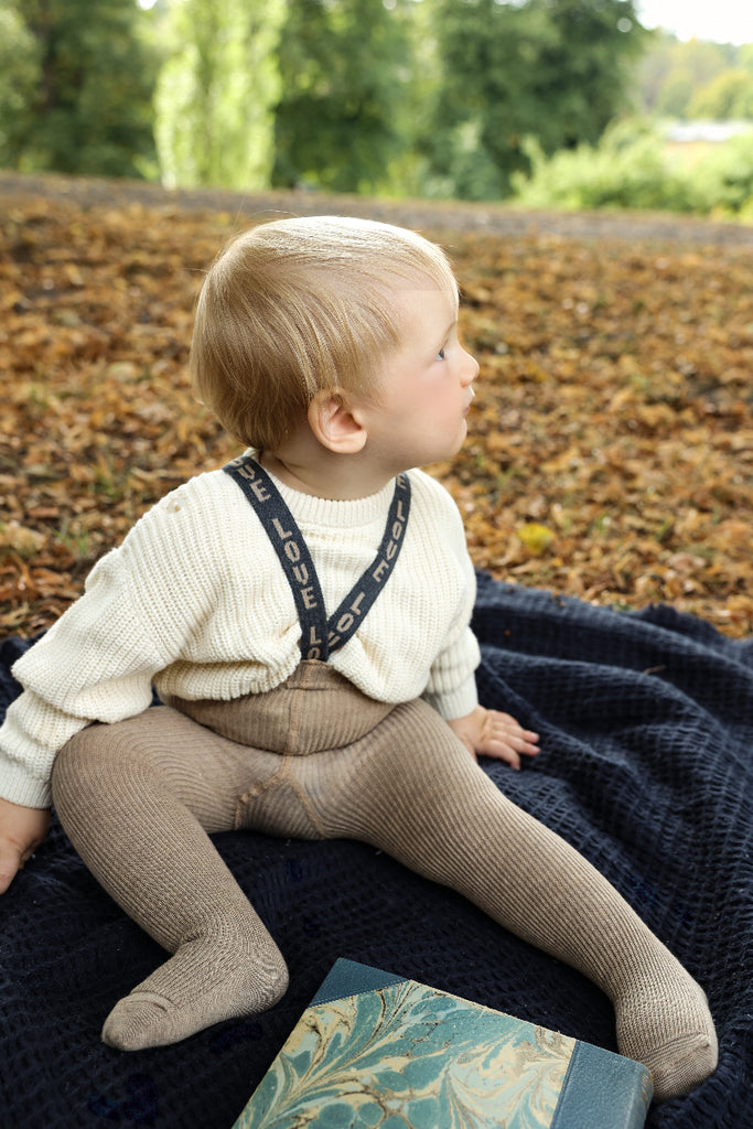 US stockist of Silly Silas' Peanut Blend cotton footed tights with LOVE patterned braces