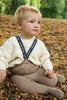 US stockist of Silly Silas' Peanut Blend cotton footed tights with LOVE patterned braces
