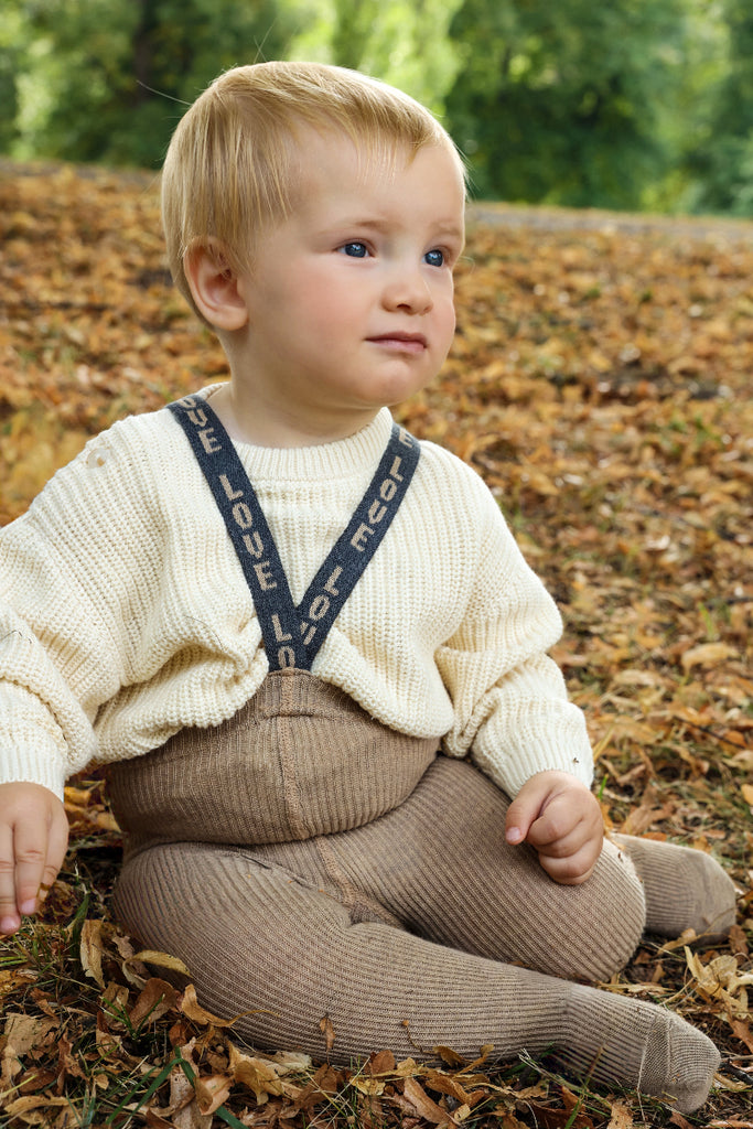 US stockist of Silly Silas' Peanut Blend cotton footed tights with LOVE patterned braces