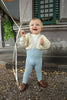 US stockist of Silly Silas' Misty Blue cotton footed tights with patterned braces