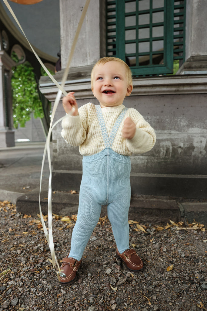US stockist of Silly Silas' Misty Blue cotton footed tights with patterned braces
