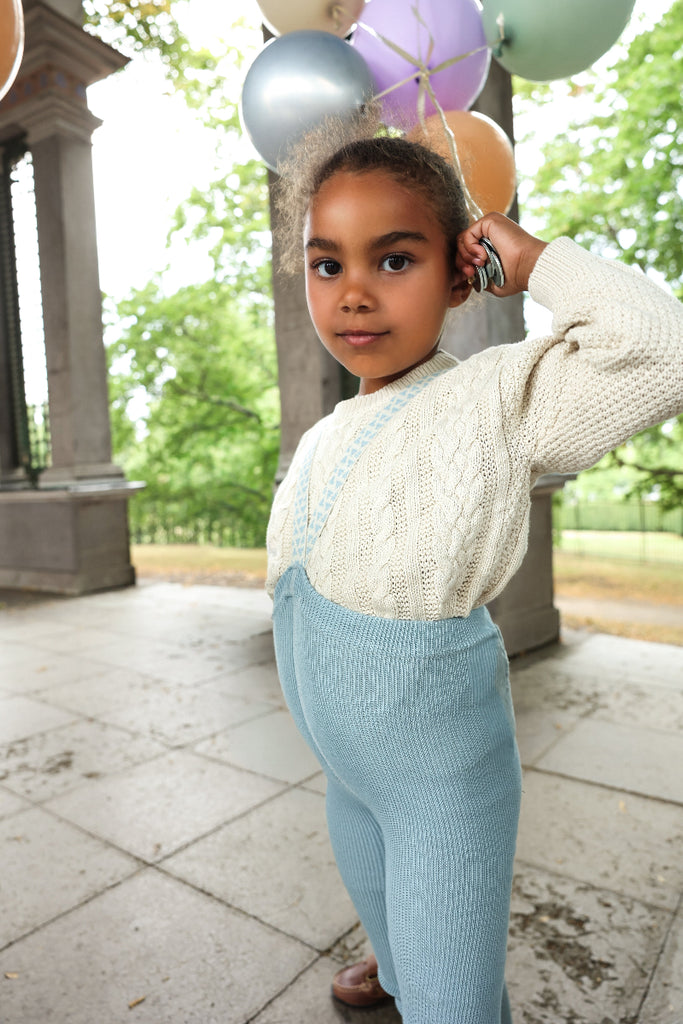 US stockist of Silly Silas' Misty Blue Cotton Footless tights with patterned braces