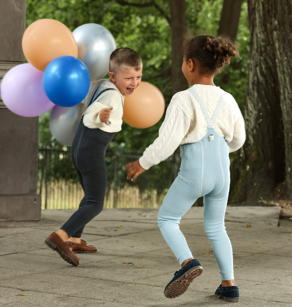 US stockist of Silly Silas' Dark Grey cotton footless tights with LOVE patterned braces