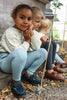 US stockist of Silly Silas' Misty Blue Cotton Footless tights with patterned braces