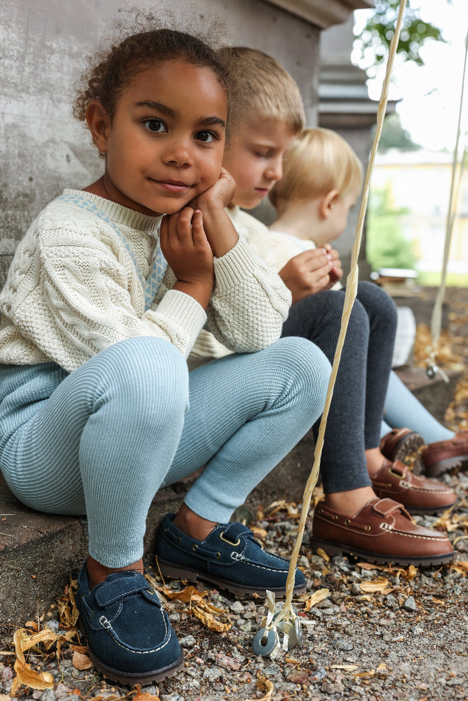 US stockist of Silly Silas' Misty Blue Cotton Footless tights with patterned braces