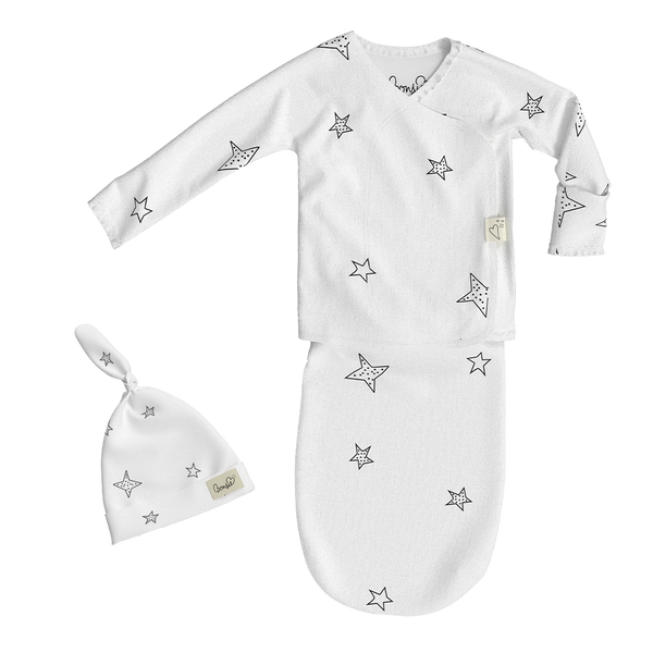 Stockist of Bonsie's rayon blend baby gown in gender neutral white fabric with star print.  Features cross over velcro top that can be undone for skin to skin.  Elastic waist which can be pulled down for easy diaper changes.