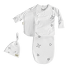 Stockist of Bonsie's rayon blend baby gown in gender neutral white fabric with star print.  Features cross over velcro top that can be undone for skin to skin.  Elastic waist which can be pulled down for easy diaper changes.