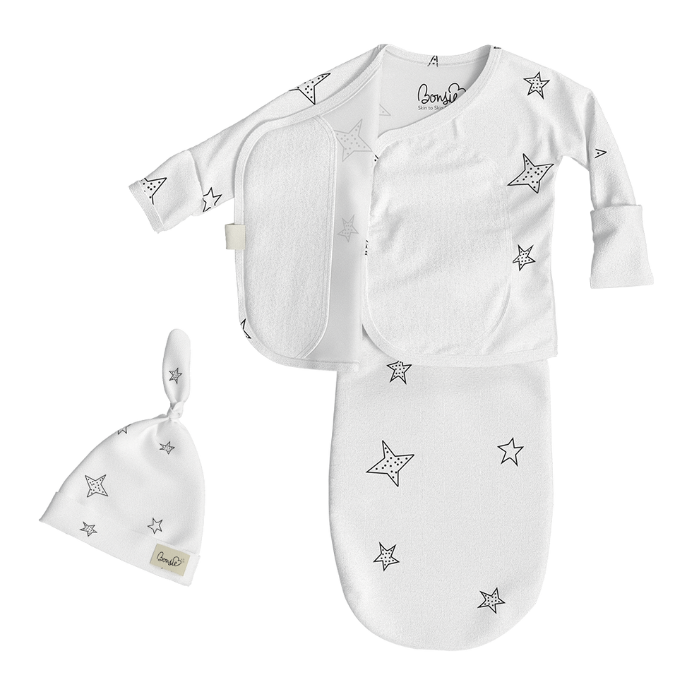 Stockist of Bonsie's rayon blend baby gown in gender neutral white fabric with star print.  Features cross over velcro top that can be undone for skin to skin.  Elastic waist which can be pulled down for easy diaper changes.