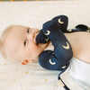 Stockist of Bonsie Babywear's Footed, dark blue "Gnight Moon" kimono style romper featuring a crescent moon print