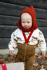 US stockist of Silly Silas' Christmas Edition footed cotton tights in Acorn Brown with Maple Leaf braces