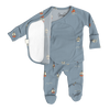 Stockist of Bonsie Babywear's Footed   "Ahoy Baby" kimono style romper featuring a print of sailboats