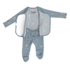 Stockist of Bonsie Babywear's Footed   "Ahoy Baby" kimono style romper featuring a print of sailboats