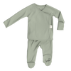 Stockist of Bonsie's rayon blend avocado green footie.  Top section has velcro wrap body which can be undone for skin to skin contact.  Elastic waist that can be pulled down for easy diaper changes. 