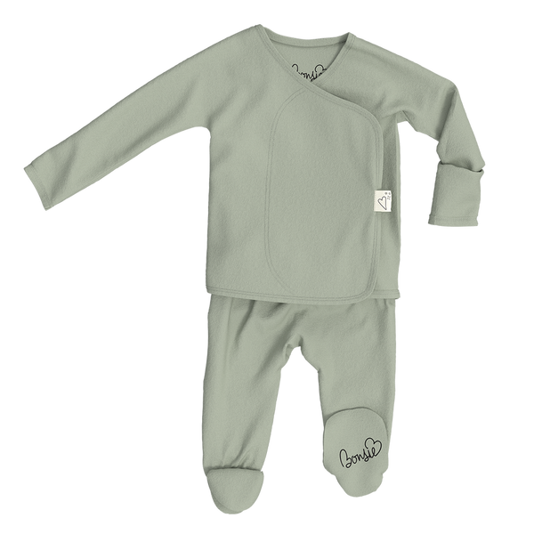 Stockist of Bonsie's rayon blend avocado green footie.  Top section has velcro wrap body which can be undone for skin to skin contact.  Elastic waist that can be pulled down for easy diaper changes. 