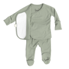 Stockist of Bonsie's rayon blend avocado green footie.  Top section has velcro wrap body which can be undone for skin to skin contact.  Elastic waist that can be pulled down for easy diaper changes. 