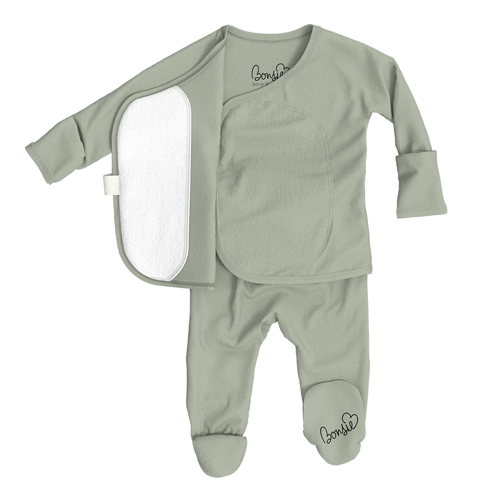 Stockist of Bonsie's rayon blend avocado green footie.  Top section has velcro wrap body which can be undone for skin to skin contact.  Elastic waist that can be pulled down for easy diaper changes. 