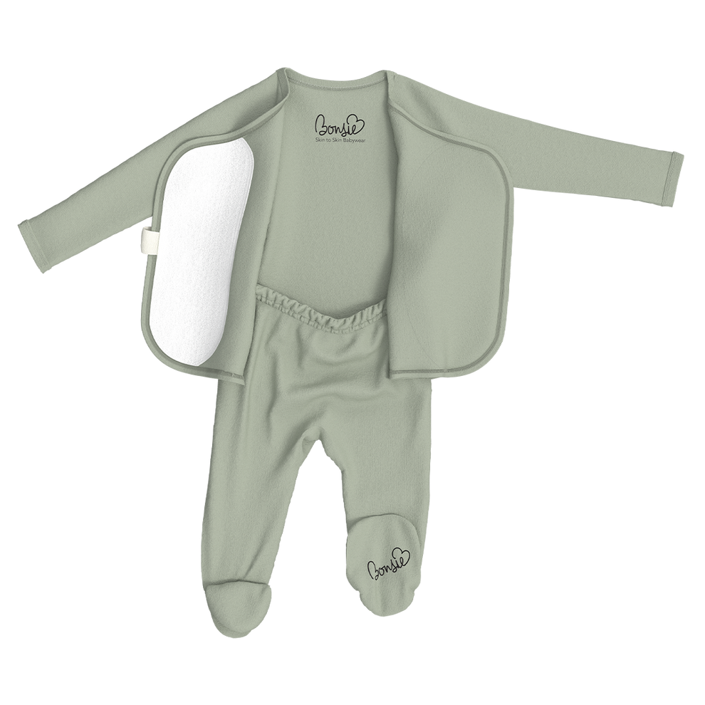 Stockist of Bonsie's rayon blend avocado green footie.  Top section has velcro wrap body which can be undone for skin to skin contact.  Elastic waist that can be pulled down for easy diaper changes. 