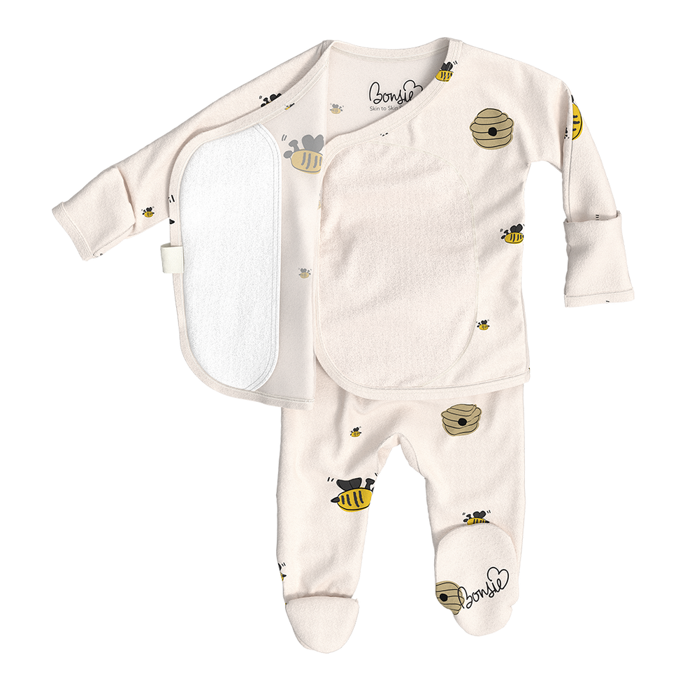 US stockist of Bonsie's Bees & Honey footed romper.