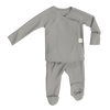 Stockist of Bonsie's rayon blend fog grey footie.  Top section has velcro wrap body which can be undone for skin to skin contact.  Elastic waist that can be pulled down for easy diaper changes. 