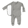 Stockist of Bonsie's rayon blend fog grey footie.  Top section has velcro wrap body which can be undone for skin to skin contact.  Elastic waist that can be pulled down for easy diaper changes. 