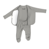 Stockist of Bonsie's rayon blend fog grey footie.  Top section has velcro wrap body which can be undone for skin to skin contact.  Elastic waist that can be pulled down for easy diaper changes. 