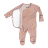 Stockist of Bonsie Babywear's Footed   muted pink kimono style romper featuring a print of stars
