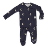 Stockist of Bonsie Babywear's Footed, dark blue "Gnight Moon" kimono style romper featuring a crescent moon print