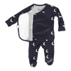 Stockist of Bonsie Babywear's Footed, dark blue "Gnight Moon" kimono style romper featuring a crescent moon print