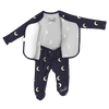 Stockist of Bonsie Babywear's Footed, dark blue "Gnight Moon" kimono style romper featuring a crescent moon print