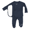 Stockist of Bonsie's rayon blend midnight blue footie.  Top section has velcro wrap body which can be undone for skin to skin contact.  Elastic waist that can be pulled down for easy diaper changes. 