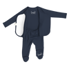 Stockist of Bonsie's rayon blend midnight blue footie.  Top section has velcro wrap body which can be undone for skin to skin contact.  Elastic waist that can be pulled down for easy diaper changes. 