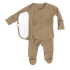 Stockist of Bonsie's rayon blend mocha footie.  Top section has velcro wrap body which can be undone for skin to skin contact.  Elastic waist that can be pulled down for easy diaper changes. 