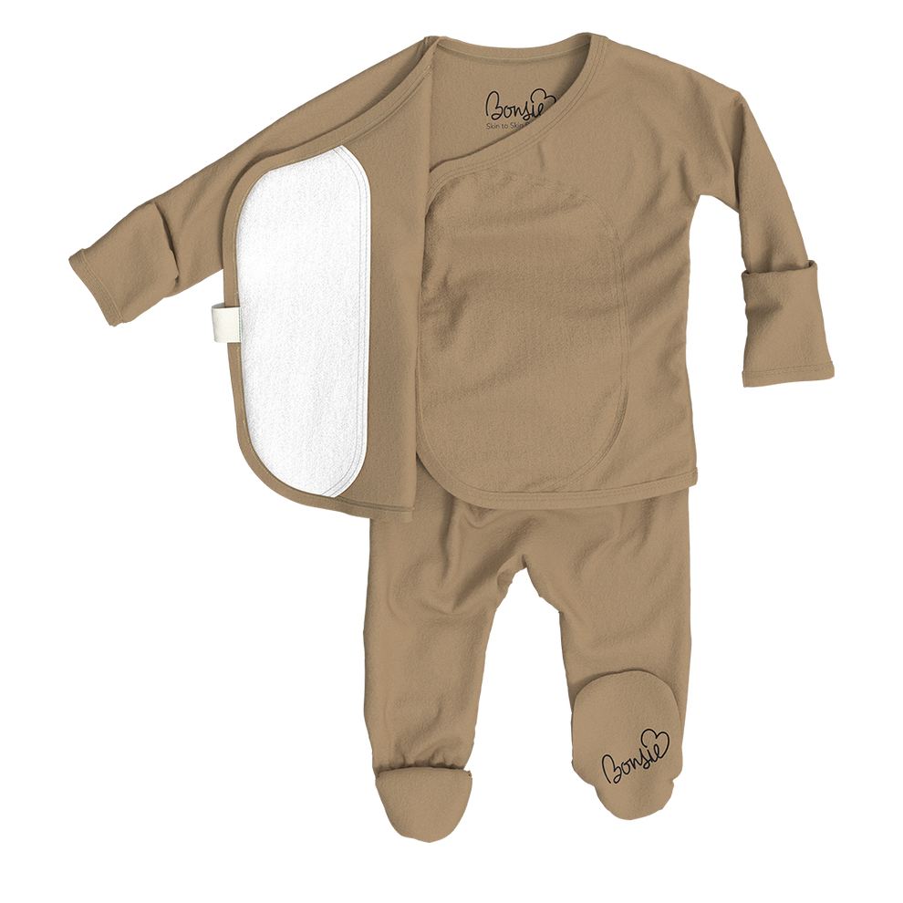 Stockist of Bonsie's rayon blend mocha footie.  Top section has velcro wrap body which can be undone for skin to skin contact.  Elastic waist that can be pulled down for easy diaper changes. 
