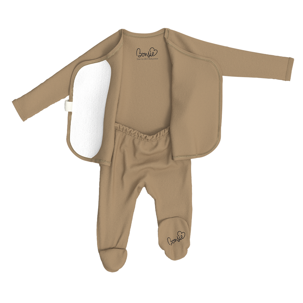 Stockist of Bonsie's rayon blend mocha footie.  Top section has velcro wrap body which can be undone for skin to skin contact.  Elastic waist that can be pulled down for easy diaper changes. 