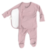Stockist of Bonsie's rayon blend Peony pink footie.  Top section has velcro wrap body which can be undone for skin to skin contact.  Elastic waist that can be pulled down for easy diaper changes. 