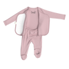 Stockist of Bonsie's rayon blend Peony pink footie.  Top section has velcro wrap body which can be undone for skin to skin contact.  Elastic waist that can be pulled down for easy diaper changes. 